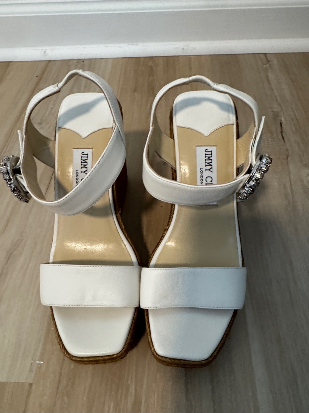 Jimmy Choo White Espadrille Wedge Sandals with Crystal Buckle - Picture 3 of 5